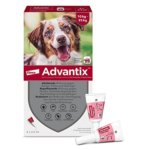 Elanco ADVANTIX Spot-On für mittelgroße Hunde von 10-25 kg gegen Zecken, Sandmücken, Stechmücken, Stechfliegen und Flöhe: Wirkung bis zu 4 Wochen, 4 Pipetten-Packung Elanco ADVANTIX Spot-On für mittelgroße Hunde von 10-25 kg gegen Zecken, Sandmücken, Stechmücken, Stechfliegen und Flöhe: Wirkung bis zu 4 Wochen, 4 Pipetten-Packung von Advantix