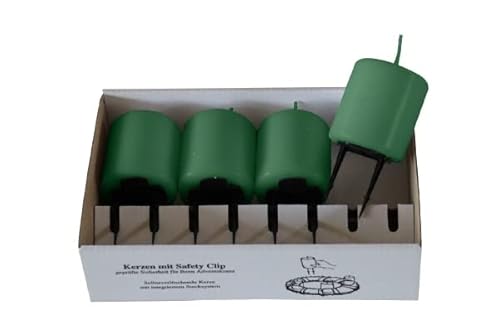 4er Set Adventskerzen, Stumpenkerzen mit Safety Clip und Kerzenstecker (Haltekrallen) Fairway Grün 8 x ∅ 5 cm von Adventskranzkerzen