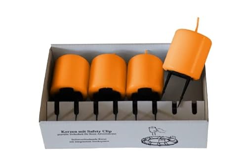 4er Set Adventskerzen, Stumpenkerzen mit Safety Clip und Kerzenstecker (Haltekrallen) Mandarin Orange 8 x ∅ 5 cm von Adventskranzkerzen