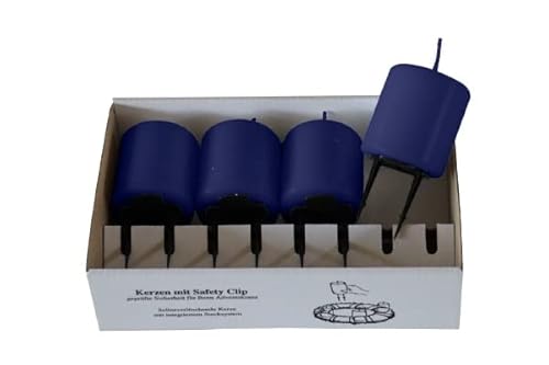 4er Set Adventskerzen, Stumpenkerzen mit Safety Clip und Kerzenstecker (Haltekrallen) Nachtblau Dunkelblau 8 x ∅ 5 cm von Adventskranzkerzen