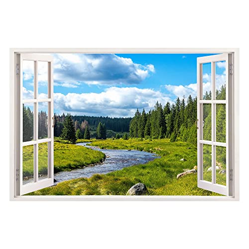 Advertising & Displays Werbecenter Berlin GmbH Leinwandbild mit Fensterblick – Berge und Fluß 120 x 80 cm - Keilrahmen mit Druck von Advertising & Displays Werbecenter Berlin GmbH