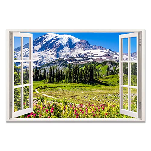 Leinwandbild mit Fensterblick - Berge und Wildblumen 90x60cm - Druck auf Leinwand - moderner Kunstdruck - XXL Wandbild von Advertising & Displays Werbecenter Berlin GmbH