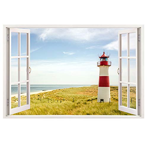 Advertising & Displays Werbecenter Berlin GmbH Leinwandbild mit Fensterblick – Strand mit Leuchtturm 120 x 80 cm - Keilrahmen mit Druck von Advertising & Displays Werbecenter Berlin GmbH