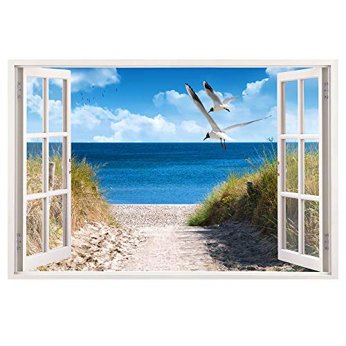 Advertising & Displays Werbecenter Berlin GmbH Leinwandbild mit Fensterblick – Strand mit Möwen 120 x 80 cm - Keilrahmen mit Druck von Advertising & Displays Werbecenter Berlin GmbH