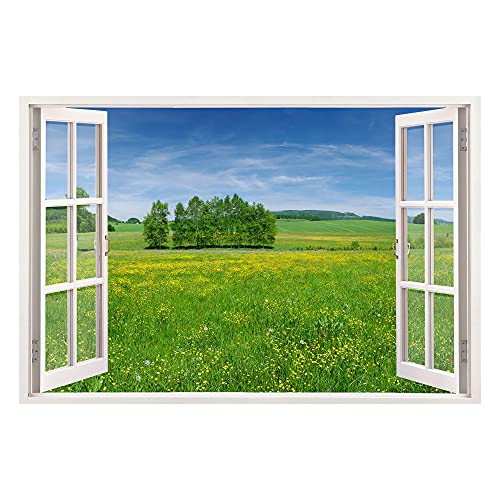 Advertising & Displays Werbecenter Berlin GmbH Leinwandbild mit Fensterblick - Wiese 90 x 60 cm - Keilrahmen mit Druck von Advertising & Displays Werbecenter Berlin GmbH