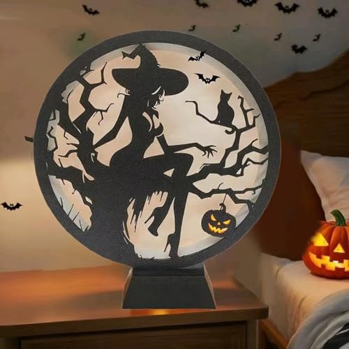 Advokingtap Halloween-LED-Kerzenhalter aus Holz, 25 x 20 cm, USB-betriebene Projektionslampe für festliche Schreibtisch-Dekoration (sitzende Hexe) von Advokingtap