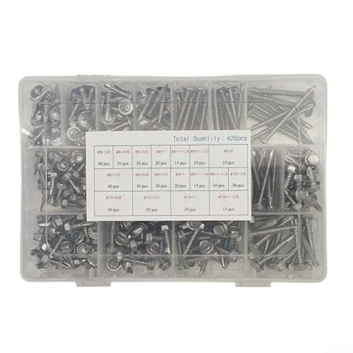 Set mit 420 Stück 410 Edelstahlschrauben mit Sechskant und Rundkopfkreuz plus Unterlegscheiben für Metall, Holz, Kunststoff, Möbel und Gerätebefestigung von Advokingtap