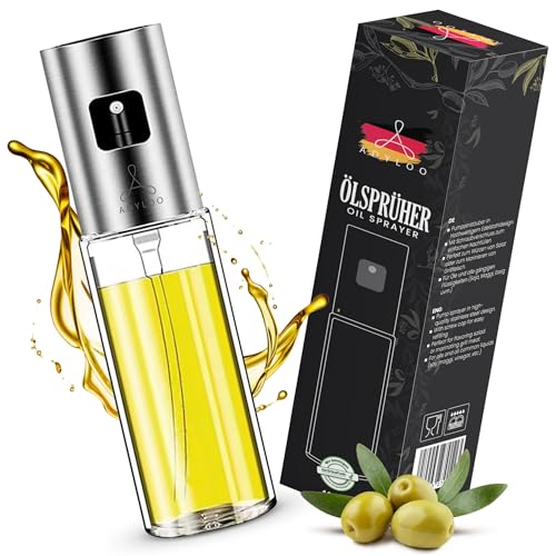 Adyloo Ölsprüher für Speiseöl | Zubehör für Heißluftfritteuse | Öl Sprühflasche 100ml aus Glas & Edelstahl | Ölspray zum Kochen Backen Grillen | Ölzerstäuber für Olivenöl Essig Zitronensaft & Mehr von Adyloo