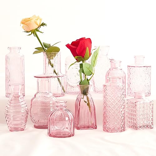 Adzt's Glasvasen, 22 Stück, kleine Vasen, Großpackung für Blumen, rosa Glasvasen für Tafelaufsätze, Mini-Knospenvasen in Großpackung, rustikale Hochzeitsdekorationen, Tafelaufsätze, von Adzt's