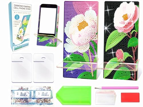 Aeadar Diamond Painting Stand für Phone, Diamant-Kunst-Spiegel multifunktionale Diamant-Malerei-Kunst-Kit für Frauen und Diamant-Malerei-Enthusiasten 2 Pack Kamelie/Pfingstrose von Aeadar