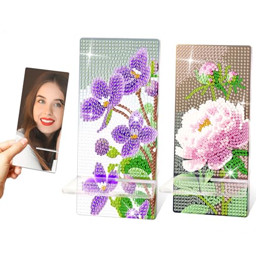 Diamond Painting Stand für Phone, Diamant-Kunst-Spiegel aufwändig entworfene multifunktionale Diamant-Malerei-Kunst-Kit für Frauen und Diamant-Malerei-Enthusiasten. 2-Pack Veilchen Pfingstrosen von Aeadar