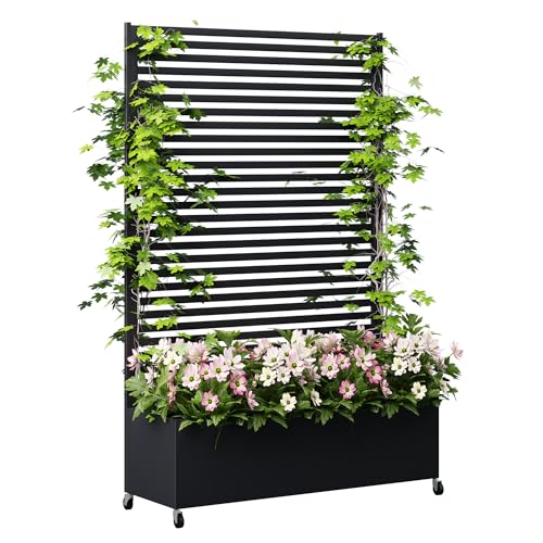 AeasyG Blumenkasten Rankgitter Polyrattangeflecht Rankhilfe Pflanzkasten Metall Pflanztopf mit Laubengitter-Privatsphäre-Schirm, gehobener Gartentopf mit Laubengitter und Rädern von AeasyG