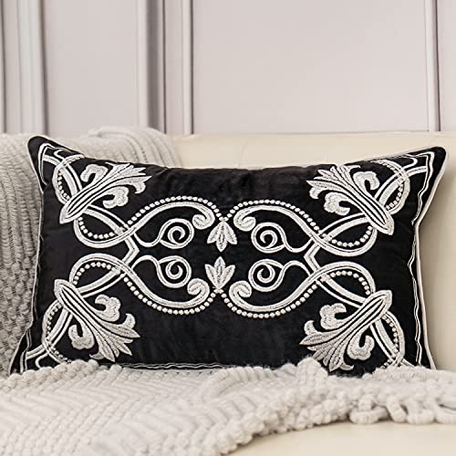 Aeckself 30,5 x 50,8 cm europäischer Kissenbezug Luxus Samt Home Dekorative Stickerei Floral Rechteck Wurfkissenbezug Kissenbezug für Couch Bett Wohnzimmer Schwarz und Weiß von Aeckself