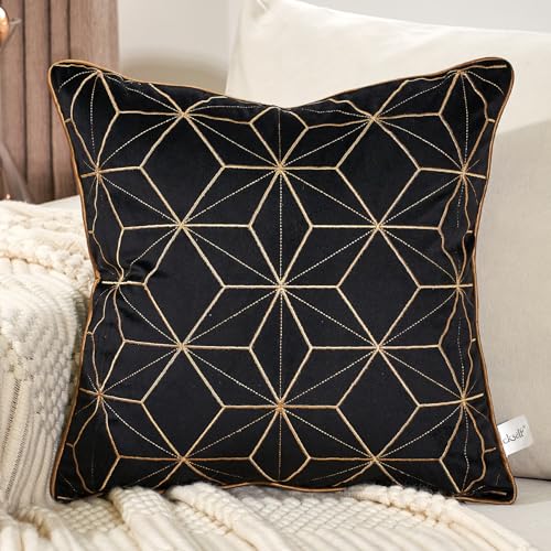 Aeckself Kissenbezug, 45 x 45 cm, Schwarz / Gold, geometrische Linien, Stickerei, Samt, luxuriös, modern, quadratisch, dekoratives Kissen für Couch Wohnzimmer Schlafzimmer Auto 45 x 45 cm von Aeckself