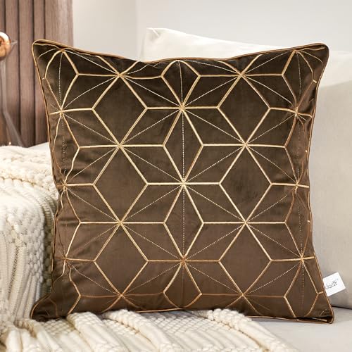 Aeckself Kissenbezug, 50 x 50 cm, Braun / Gold, geometrische Linien, Stickerei, Samt, luxuriös, modern, quadratisch, dekoratives Kissen für Couch Wohnzimmer Schlafzimmer Auto 50 x 50 cm von Aeckself