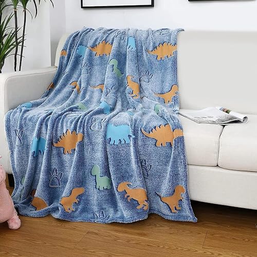 Aedcbaide Kuscheldecke für Kinder, Dinosaurier Glow in The Dark Kuscheldecke für Bett, Super Fleecedecke, Weiche Flauschig Plüsch graue Decke für Mädchen Jungen, Warme Geschenke für Geburtstag von Aedcbaide