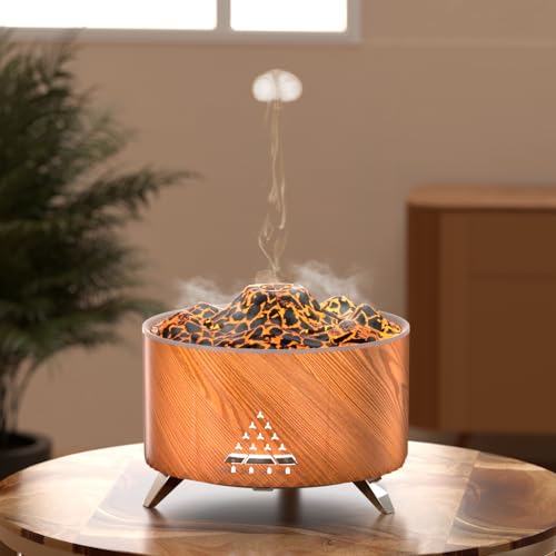 Volcano Luftbefeuchter mit Quallennebel, 2 Farben Flame Diffusor Luftbefeuchter mit Bluetooth und Fernbedienung, 3 Timer Aromatherapie Flamme Luftbefeuchter, Wasserloser Nebeldiffusor für Schlafzimmer von Aedcbaide