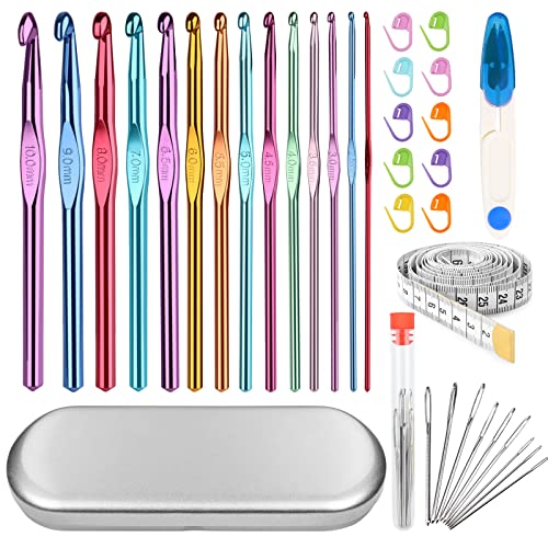 Aeelike 14 Stück Aluminium Häkelnadel Set, Ergonomische Bunt Häkelnadeln Set mit Häkel Werkzeuge Zubehör und Silber Metall Aufbewahrungsbox, Praktische Crochet Hook für Anfänger, Erwachsene, Kinder von Aeelike