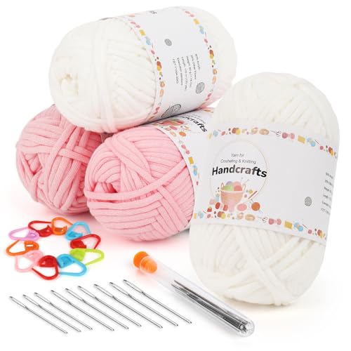 Aeelike 4X50g Dicke Wolle Baumwolle zum Stricken, Chunky Häkelwolle Yarn mit Häkelzubehör für Anfänger, Kein Geteiltes Garn zum Häkeln, Strickwolle mit gut Sichtbaren Maschen, 2 Rosa+2 Weiß Aeelike 4X50g Dicke Wolle Baumwolle zum Stricken, Chunky Häkelwolle Yarn mit Häkelzubehör für Anfänger, Kein Geteiltes Garn zum Häkeln, Strickwolle mit gut Sichtbaren Maschen, 2 Rosa+2 Weiß von Aeelike