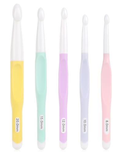 Aeelike 5 Stück Große Größen Häkelnadeln Set 8 mm - 20 mm Chunky Häkelnadeln für Anfänger Profis, Macaron-Farben Inline Häkelnadel Set mit TPR Weichgriff für Decken, Schals, Große Häkelprojekte von Aeelike