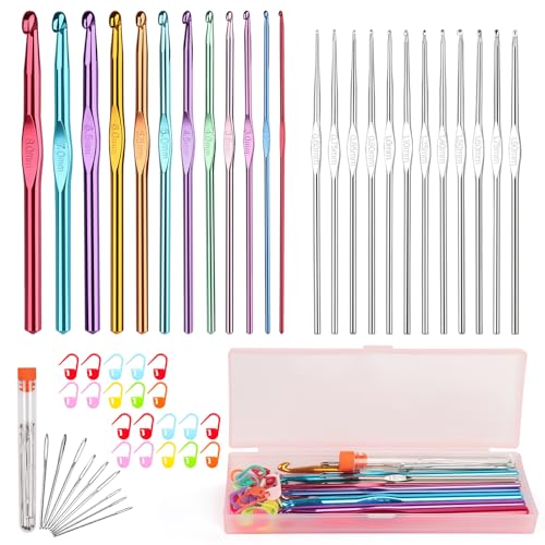 Aeelike 54 Stück Häkelnadel Set Aluminium Häkelset mit Rosa Aufbewahrungsbox, Ergonomische Metall Häkelnadeln Set mit Zubehör, Edelstahl Spitze Häkel Set, Praktische Crochet Hook für Anfänger, Kinder von Aeelike