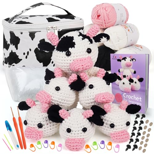 Aeelike Anfänger-Häkelset für Erwachsene und Kinder, Häkel-Starter-Set mit Schritt-für-Schritt-Anleitung und leicht sichtbarem Stichgarn und Organizer-Tasche, niedliche Kuhfamilie von Aeelike