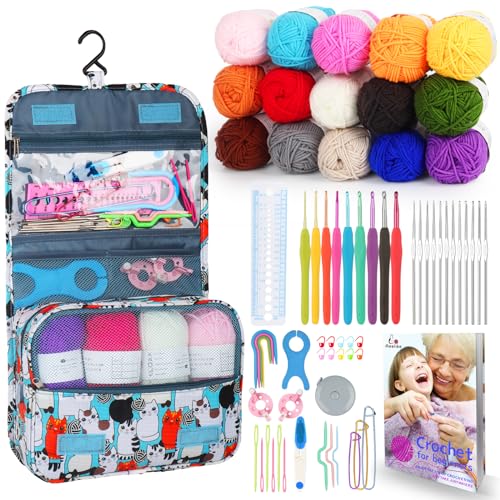 Aeelike Blaue Katze Häkelset für Anfänger Kinder mit 15 Häkelgarn, Ergonomische Häkelnadeln für Arthritische Hände, Starter Häkelset mit Anleitung, Häkeltasche, Strickzubehör, Häkeln für Anfänger Set von Aeelike