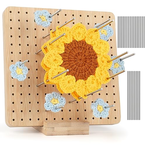 Aeelike Granny Square Spanner mit 24 Edelstahl-Stabstiften, Handcrafted Wooden Blocking Board Häkeln, Sperrbrett für Granny Square mit 1 Stand, Superstabil Sperrbrett Häkeln Holz Blockierbrett(19,5cm) von Aeelike