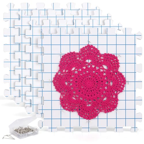 Spannmatten Stricken mit 100 T-Nadeln, Aeelike Extra Dicken Blockiermatten mit Gittern, 4 Stück Strickblockern 28 cm, Blocking Mats für Granny Square Spanner und Stricken Häkeln Handarbeiten Lace von Aeelike