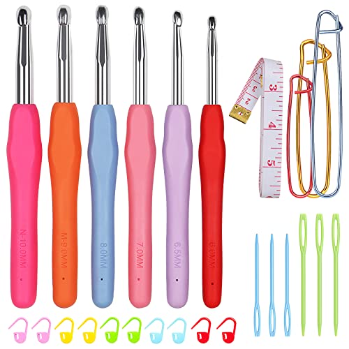 Aeeque Häkelnadel Groß Set mit BunteGummigriff, 6 Stück Metal Häkelnadel 6, 6,5, 7, 8, 9, 10,0 mm, Ergonomisch Häkelnadeln für Arthritis, Anfänger, Häkeln zum Kinder für Teppich, Schal von Aeeque