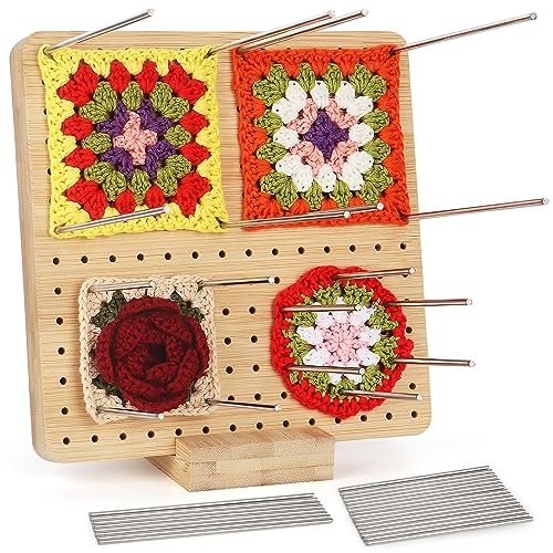 Aeeque Bambus Sperrbrett für Granny Square, Granny Square Spanner Häkeln, Blockierbretter Sperrbrett Häkeln Holz mit 24 pcs Edelstahl-Stabstiften, Handcrafted Blocking Board für Granny Square 19,5 cm von Aeeque