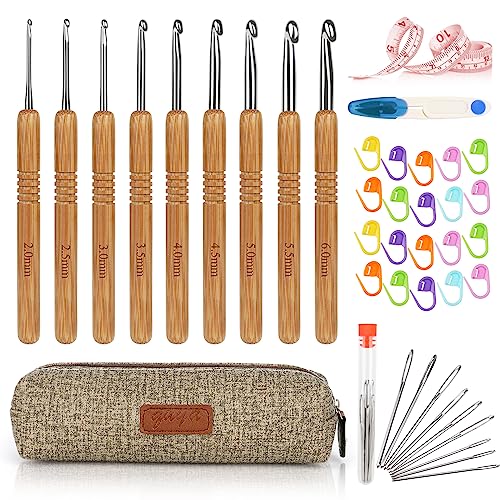 Aeeque Häkelnadel Set mit Ergonomischer Holzgriff, 9 PCS Bambus Häkelnadeln 2,0 mm - 6,0 mm, Praktisch Häkelnadel Set für Anfänger, Arthritis, Licht Häkelnadeln Set für Schal Socken Pollover von Aeeque