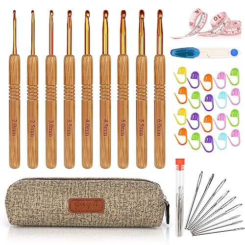 Aeeque Häkelnadel Set mit Ergonomischer Holzgriff, 9 PCS Bambus Häkelnadeln 2,0 mm - 6,0 mm, Praktisch Häkelnadel Set für Anfänger, Arthritis, Licht Häkelnadeln Set für Schal Socken Pollover von Aeeque