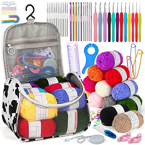 Aeeque Häkelset mit Hängebar Tasche, Häkelset für Anfänger mit Zubehör, 34 Stücke Häkelnadeln und 12 PCS Wolle, Kinder Häkeln Set als Geschenk, Milchkuh Häkelset Visuelles Häkelnadeln Set von Aeeque