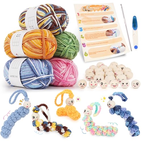 Aeeque Sorgenwürmchen Häkeln Set, Glückswürmchen Häkelset mit 60pcs Holzköpfe 20mm, 250g Häkelgarn, 3.5mm Häkelnadel, DIY Häkel Set mit Anleitung, Sorgenwürmchen Heckel-set für Anfänger von Aeeque