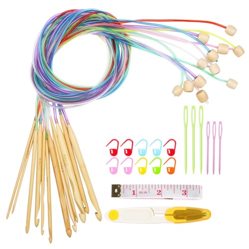 Aeeque Tunesische Häkelnadel mit Seil,12pcs Bambus Tunesische Häkelnadel Set für Anfänger, 3,0-10 mm Afghan Tunesische Häkelnadeln Kunststoff Kabel für Schals Teppich, Häkelnadel für Tunesisch Häkeln von Aeeque