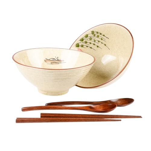 2-teiliges Ramen-Schüssel-Set, Keramik-Nudelschüssel mit Essstäbchen und Löffeln, 1200 ml, große Suppenschüssel im japanischen Retro-Stil, Porzellangeschirr für die Mikrowelle von Aegistus