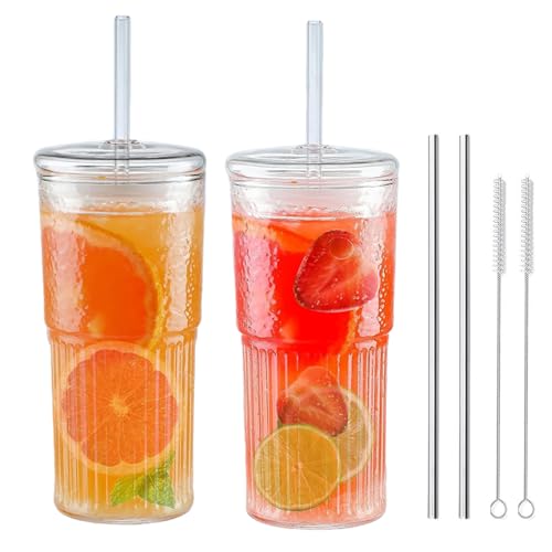 Geriffelte Glasbecher mit Deckel und Glasstrohhalmen, auslaufsichere Glastassen, Kaffeegläser, Eiskaffeetasse, Glasbecher mit Strohhalm und Deckel für Eiskaffee, Cocktail, Tee, Smoothie, 2 Stück Geriffelte Glasbecher mit Deckel und Glasstrohhalmen, auslaufsichere Glastassen, Kaffeegläser, Eiskaffeetasse, Glasbecher mit Strohhalm und Deckel für Eiskaffee, Cocktail, Tee, Smoothie, 2 Stück von Aegistus