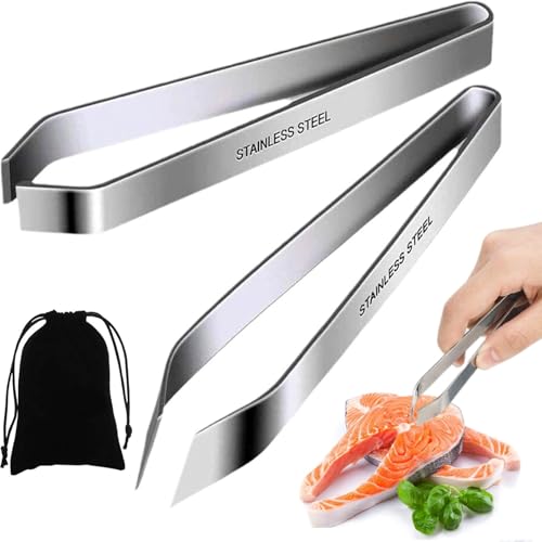2 Stück Grätenzange, Grätenpinzette und eine Schwarze Aufbewahrungstasche für Küche Lachsforelle Huhn Ente Schwein Haar, Fischgraten-Pinzetten-Set von Aelmiyw