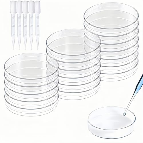 20 Pcs Sterile Plastikpetrischale mit Deckel mit 5 Pcs 3ml Plastikübertragungspipetten, (60x15 mm) Sterile Kulturschalen für Laborbiologie Mikrobiologie Studienwissenschaft, Kunststoff Petrischalen von Aelmiyw