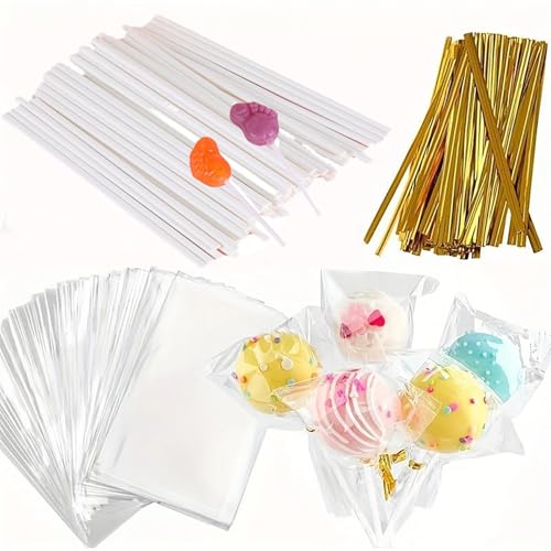 300 Stück Cake Pop Sticks und Wrappers Kit, inklusive 100 Stück 15,2 cm Papier-Lutscherstäbchen, 100 Stück transparente Süßigkeitenbeutel Paket, 100 Stück goldene Bindebänder für Cakepop, Lutscher, von Aelmiyw