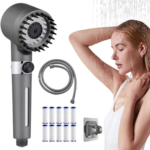 Vitashower Duschkopf, Adlox Duschkopf, Vitashower 2.0– Spürbar Weichere Haut, Glänzendes Haar & Echtes Wohlgefühl, 1,5/2m Edelstahl-Wasserleitung, 10 Baumwollfilter (grau 2m) von Aemmbon