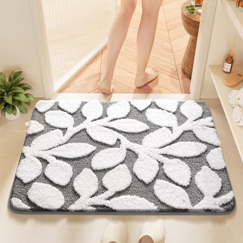 Aeoauter Badteppich Extra Flauschig & Schnelltrocknend 40x60cm | Grau Leaf Badezimmerteppich mit Rutschhemmender Rückseite Badematte Duschvorleger von Aeoauter