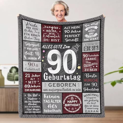 Aeoauter Geschenk zum 90 Geburtstag 150x200 cm - Personalisierte Decke Deko 90. Geburtstag Frauen Mann, 90 Jahre Männer Geschenk für Opa Oma Papa Mama, Geschenk 90. Geburtstag von Aeoauter