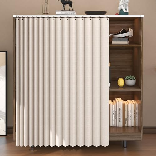 Aeovot Staubdichter Regal Vorhang Küchenschrank Schrankvorhang Schrank Vorhang Zum Schieben Privatsphäre Verdunkelung Faltbare Vorhang aus Leinen für Schrank Offenes Regal Bücherregal(Beige,90x70 cm) von Aeovot