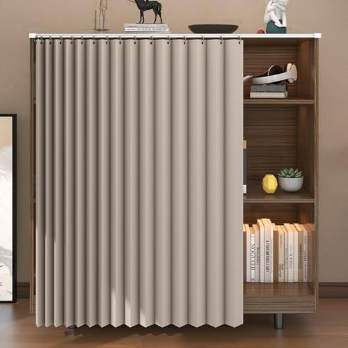Staubdichter Regal Vorhang Küchenschrank Schrankvorhang Schrank Vorhang Zum Schieben Privatsphäre Verdunkelung Faltbare Vorhang aus Leinen für Schrank Offenes Regal Bücherregal(Khaki,120x70 cm) von Aeovot