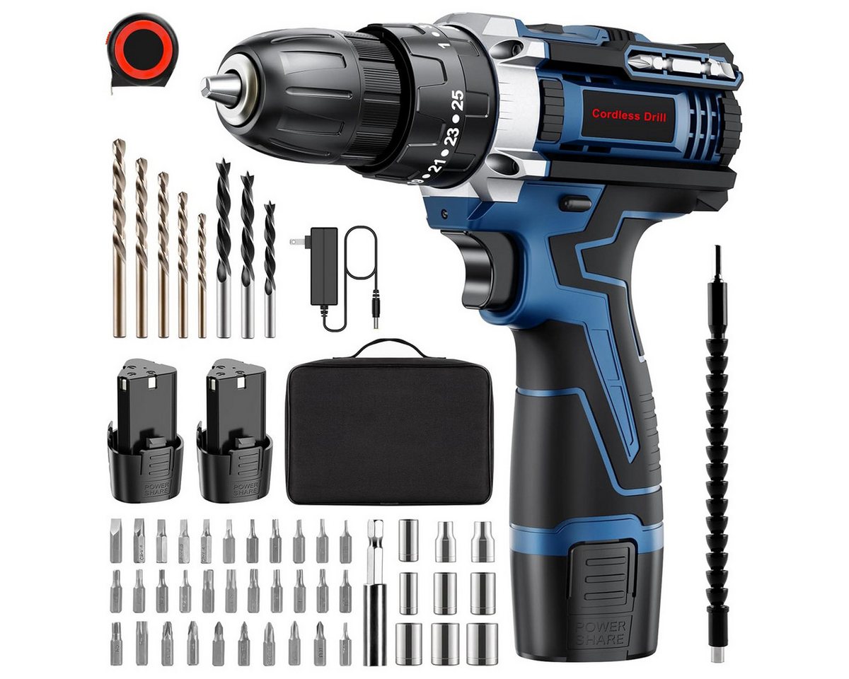 AeroAxis Akku-Bohrschrauber ‎600W Akkuschrauber Set,25+2 Drehmomentstufen, 12 V, max. 1500 U/min, (Set, 52-tlg., Akkubohrer mit 52Stk Werkzeugkoffer und 2x2000mAH Akku und Ladegerät), max. 30NM für Holz, Metall & Heimwerkerprojekte von AeroAxis