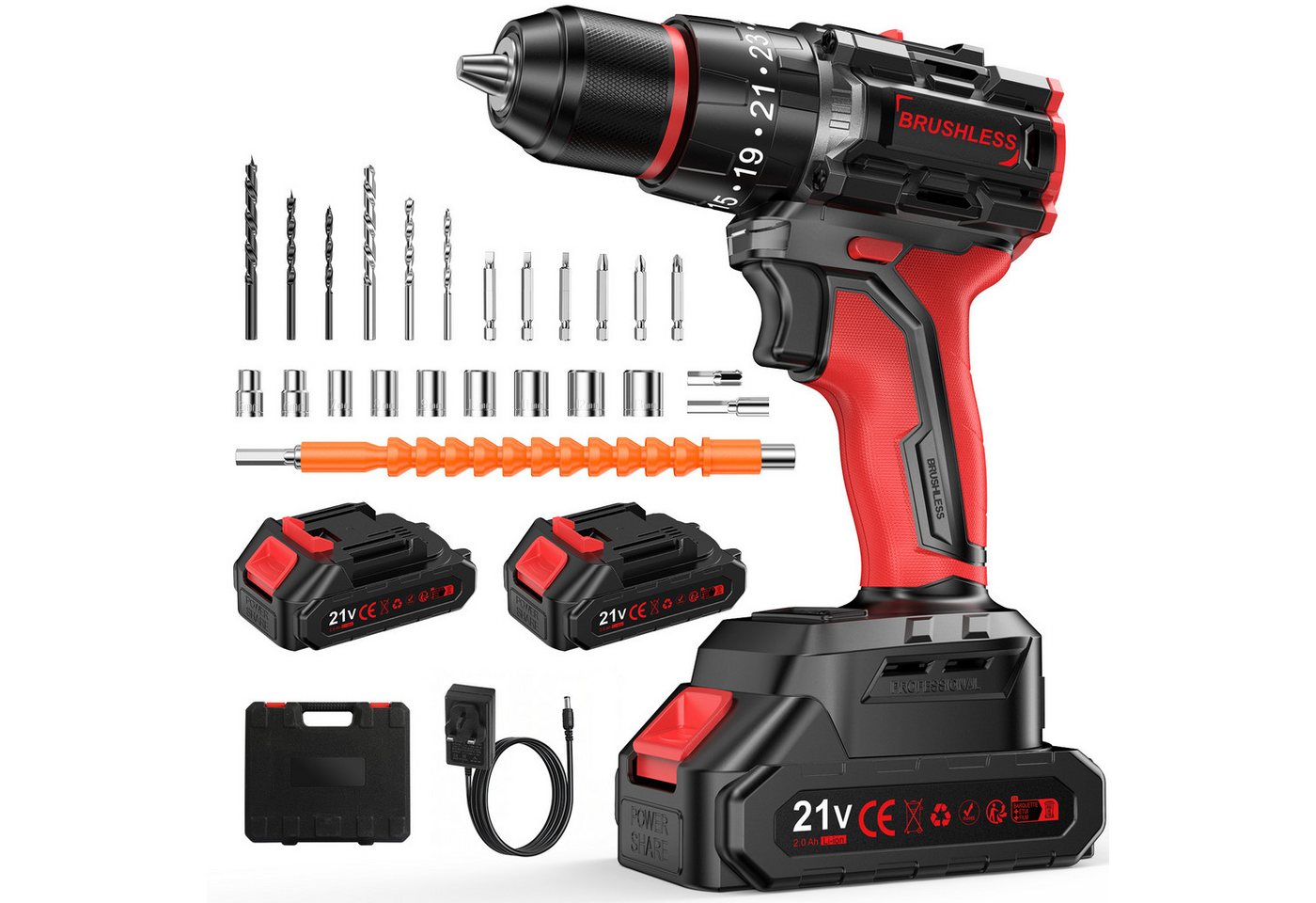 AeroAxis Akku-Bohrschrauber Professional Bürstenlose Akkuschrauber 21V mit Akku 2×2000mAh, 2 Gang, max. 1750 U/min, (Set, 24-tlg), 55N·m, 25+3 Drehmomentstufen, für Haus/Garten DIY Projekt von AeroAxis