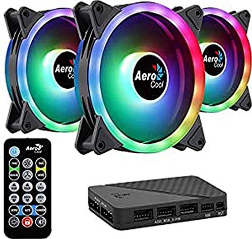 Aerocool Duo 12 Pro Pack – 3 x ARGB Fans 120mm, 1 x H66F RGB Fan Hub, Remote control, Double RGB LED Ring and 18 LEDs, Includes 6-pin connector, Curved Blades and Anti-Vibration Pads, 12v Fan, Black von AeroCool