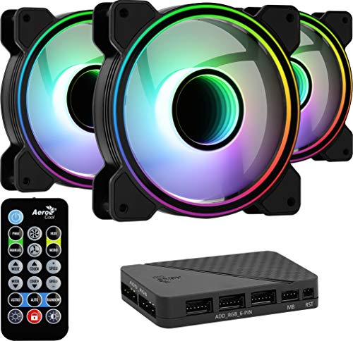 Aerocool Mirage PC Case Fan – 12 Pro, 3 x ARGB Translucent Fans 120mm, 1 x H66F RGB Hub, Infinity Mirror Design, Includes 6-pin connector, Remote Control, Curved Blades and Anti-Vibration Pads, Black von AeroCool